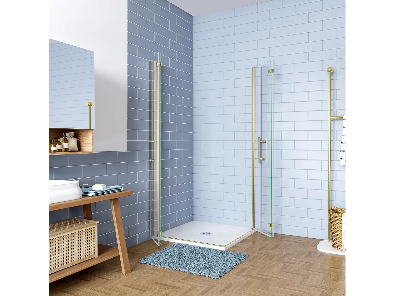 Douchecabine 70x100x195cm Opvouwbare 6mm NANO Easyclean veiligheidsglas goud aluminium profiel