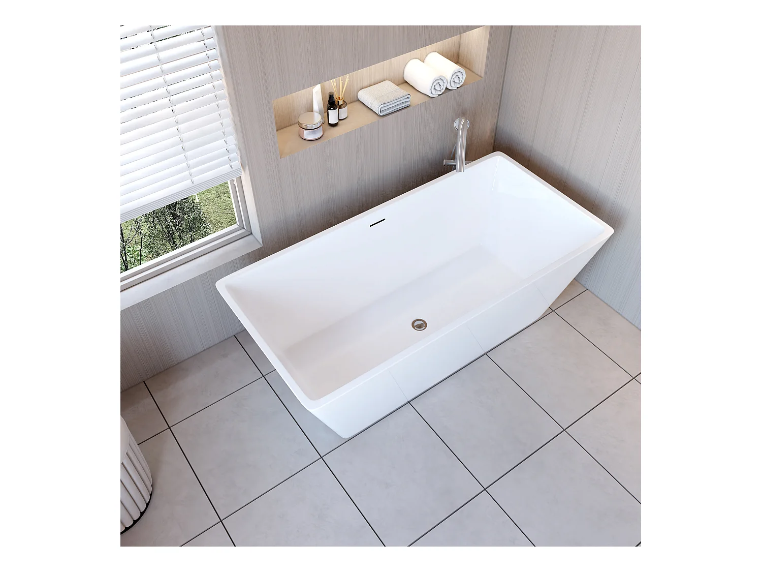 AICA L:150xB:72xH:56 cm  vrijstaand rechthoeking bad in mat wit afwerking acryl, met overloop met afvoer.