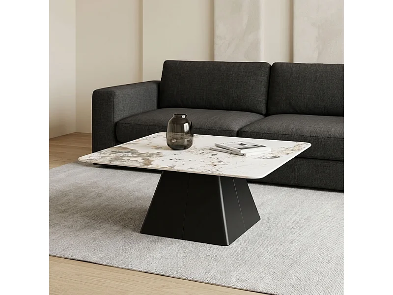 Table basse carrée céramique marbrée beige pied trapèze - OSWALD