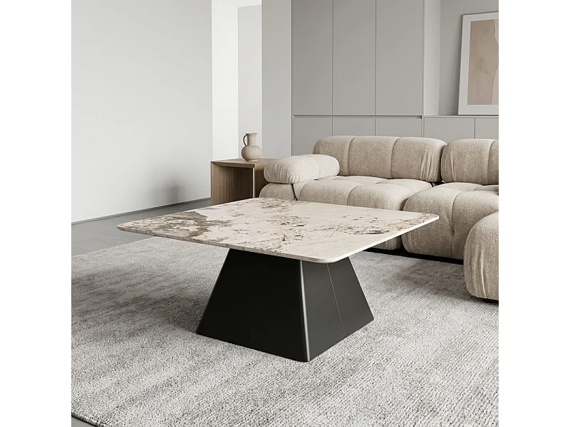 Table basse carrée céramique marbrée beige pied trapèze - OSWALD