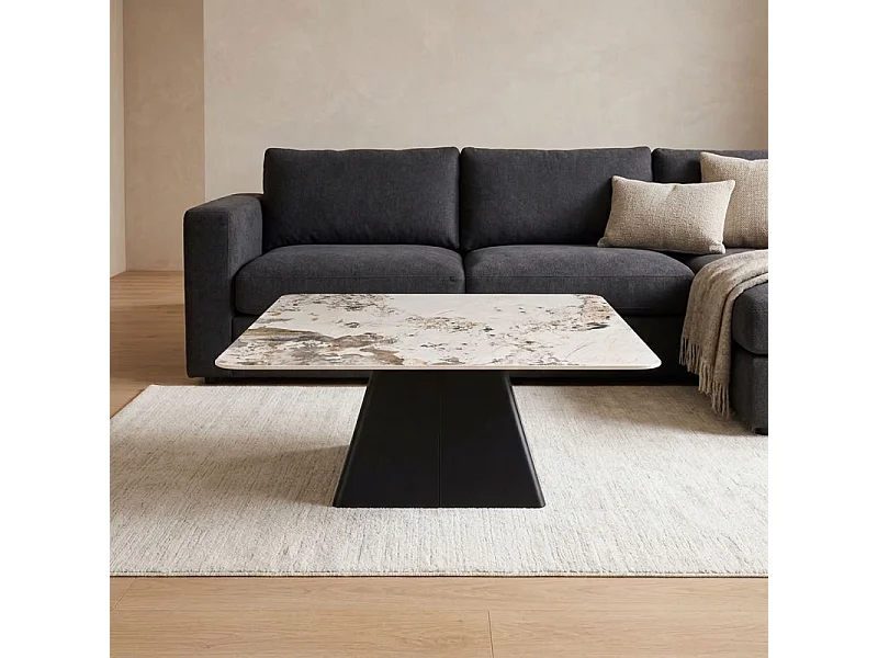 Table basse carrée céramique marbrée beige pied trapèze - OSWALD