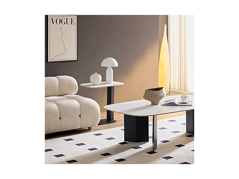 Bout de canapé 55 cm céramique blanc marbré pied métal – OPALINE