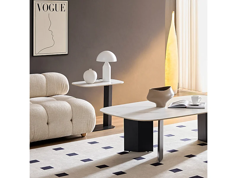 Bout de canapé 55 cm céramique blanc marbré pied métal – OPALINE