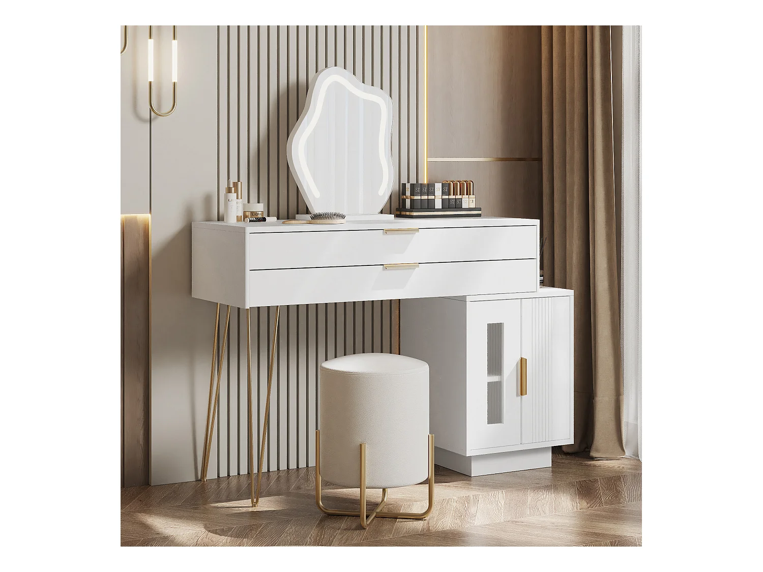 Coiffeuse avec miroir Leds - 100 x 40 x 78 cm - avec 2 tiroirs + 2 portes - sans tabouret - aggloméré - blanc