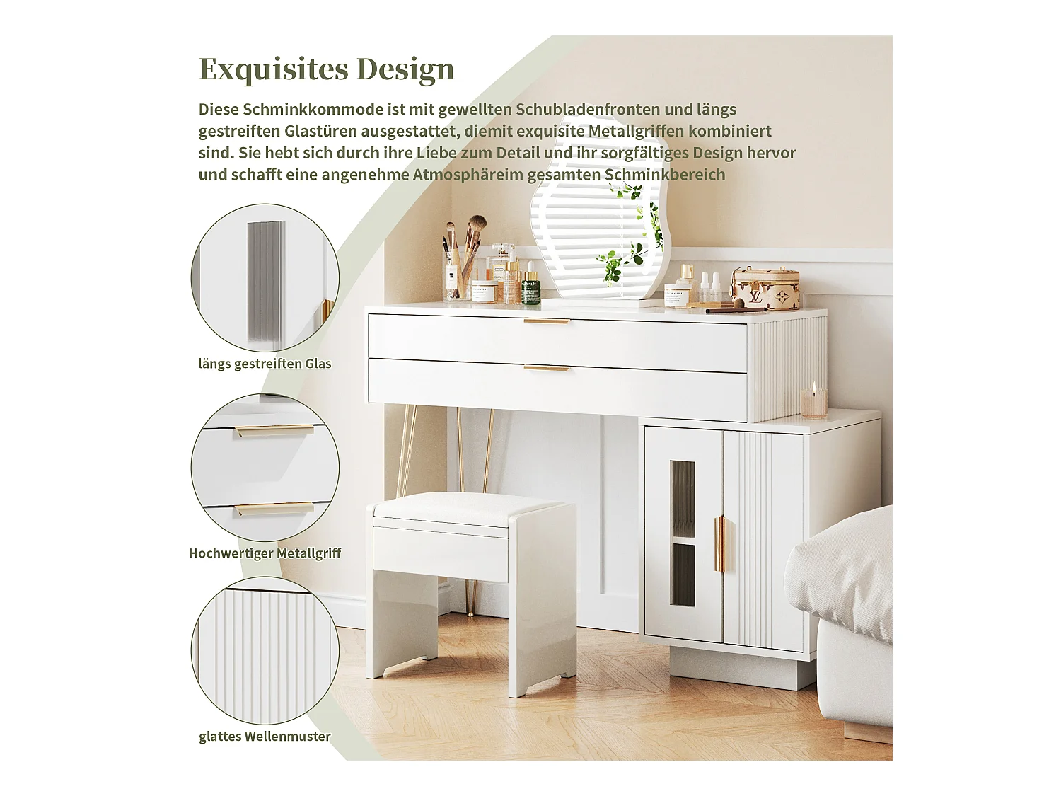 Coiffeuse avec miroir Leds - 100 x 40 x 78 cm - avec 2 tiroirs + 2 portes - sans tabouret - aggloméré - blanc