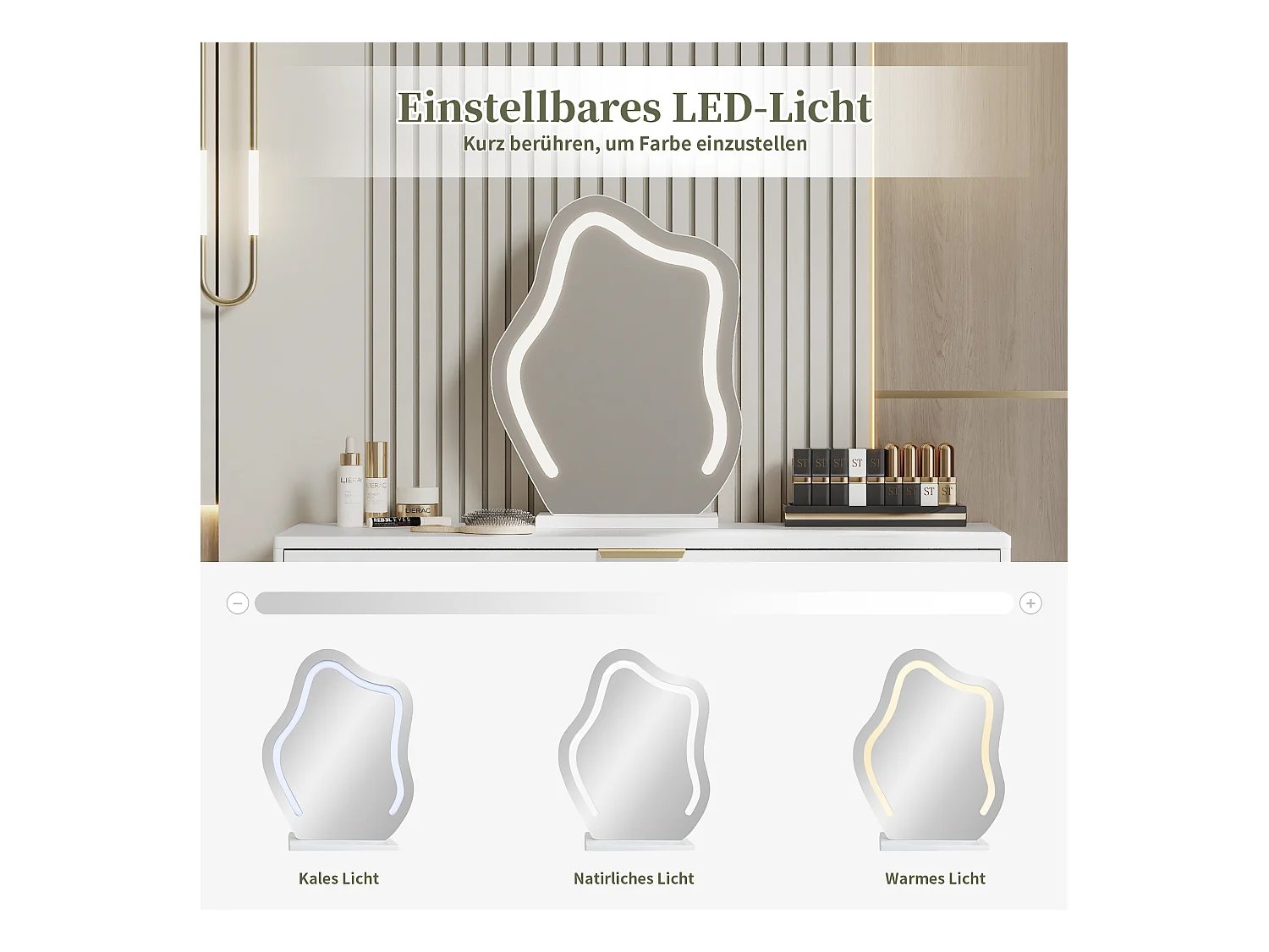 Coiffeuse avec miroir Leds - 100 x 40 x 78 cm - avec 2 tiroirs + 2 portes - sans tabouret - aggloméré - blanc