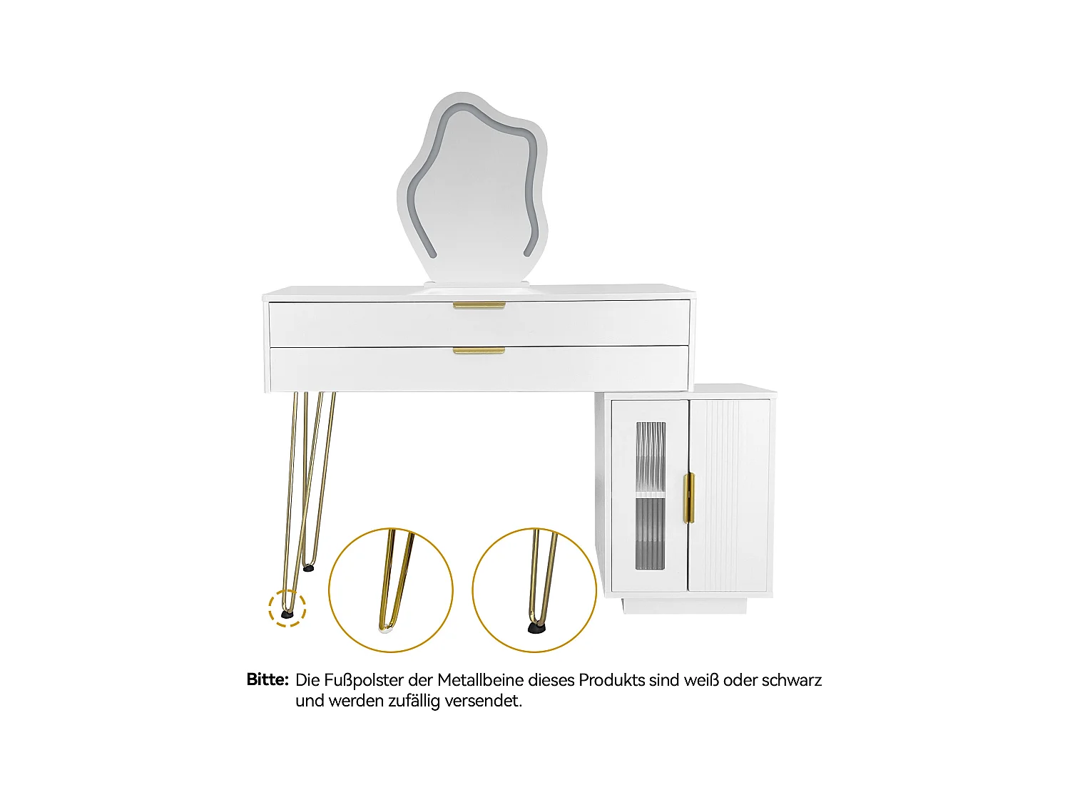 Coiffeuse avec miroir Leds - 100 x 40 x 78 cm - avec 2 tiroirs + 2 portes - sans tabouret - aggloméré - blanc