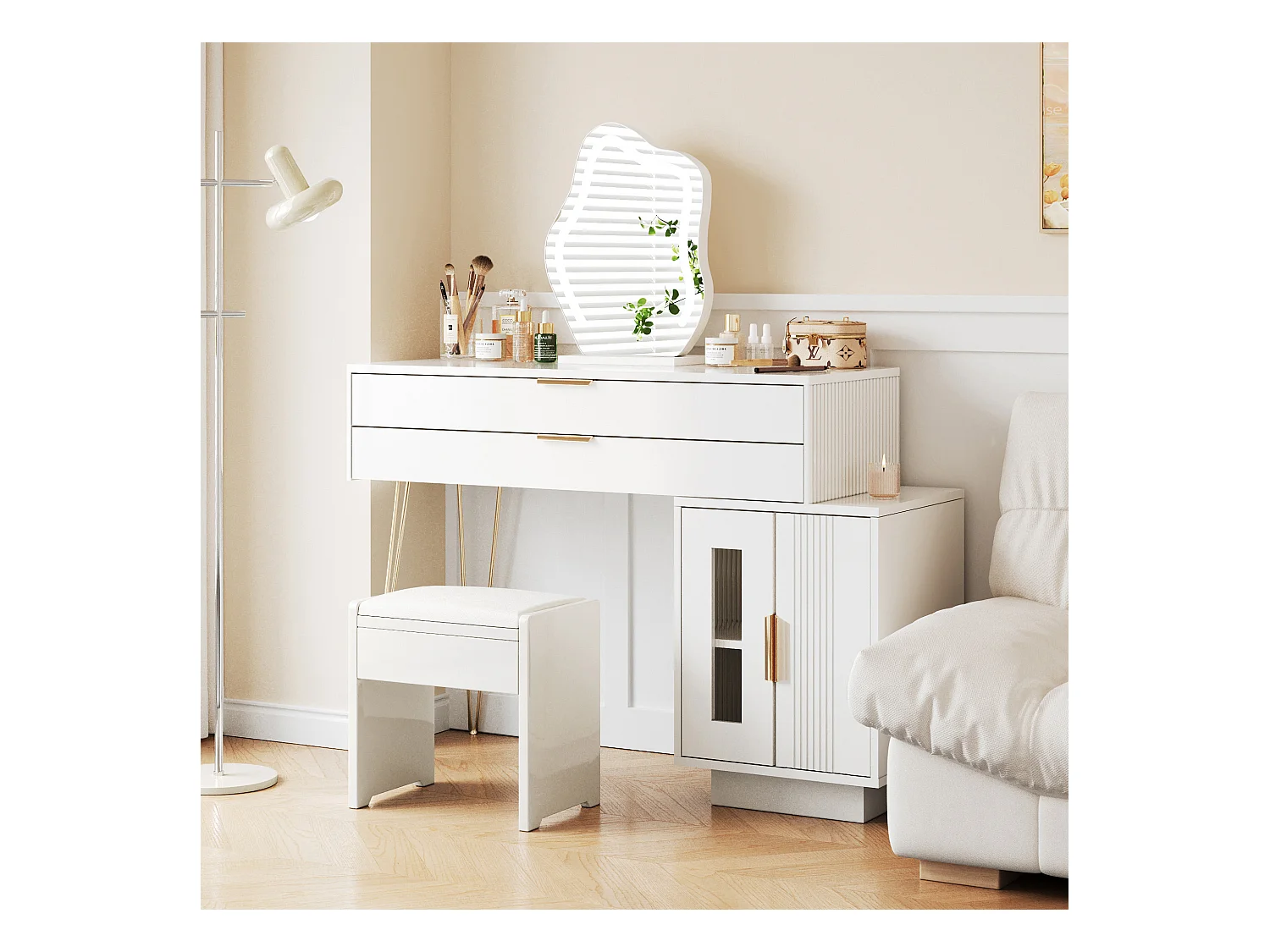 Coiffeuse avec miroir Leds - 100 x 40 x 78 cm - avec 2 tiroirs + 2 portes - sans tabouret - aggloméré - blanc