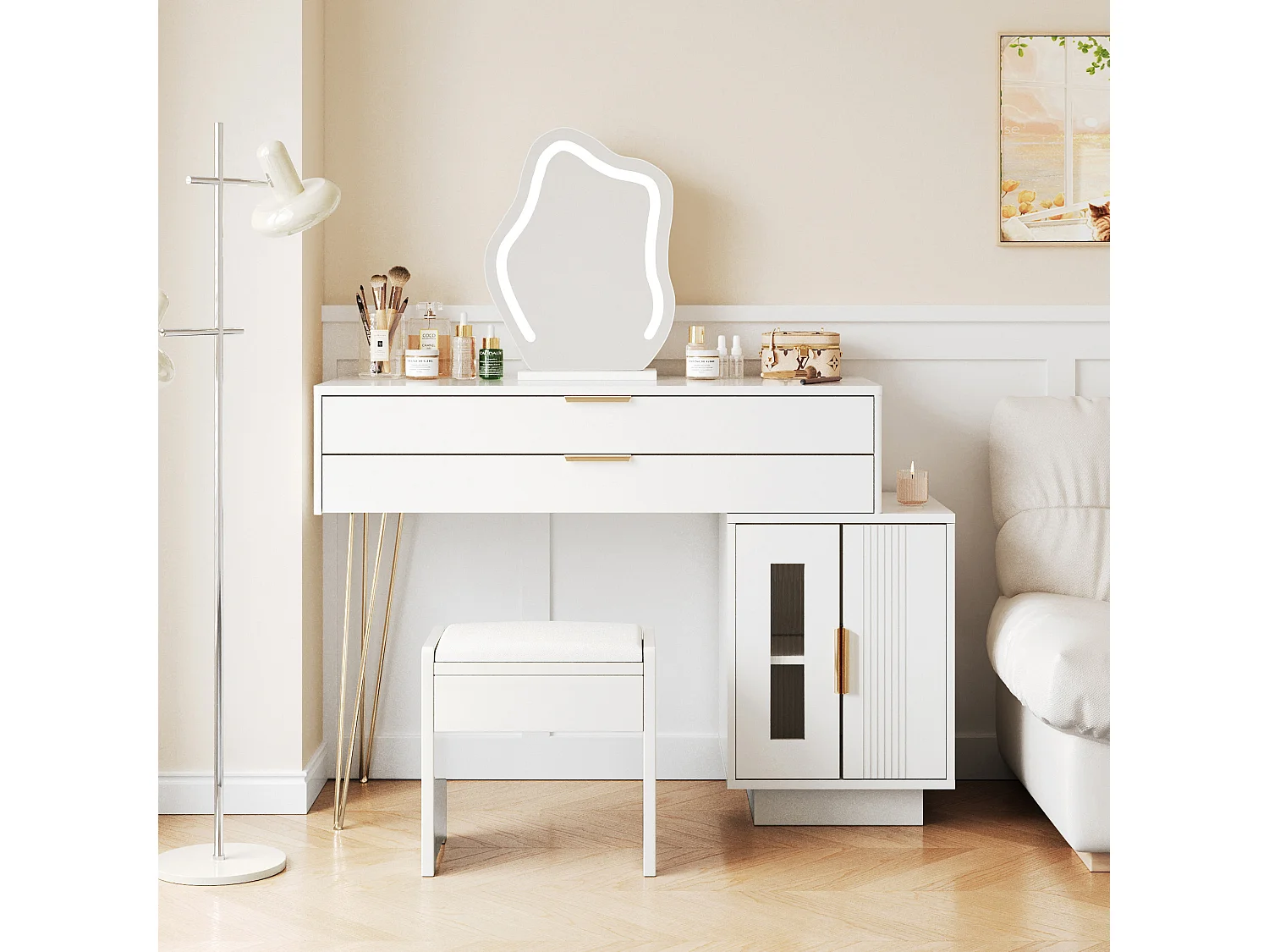 Coiffeuse avec miroir Leds - 100 x 40 x 78 cm - avec 2 tiroirs + 2 portes - sans tabouret - aggloméré - blanc