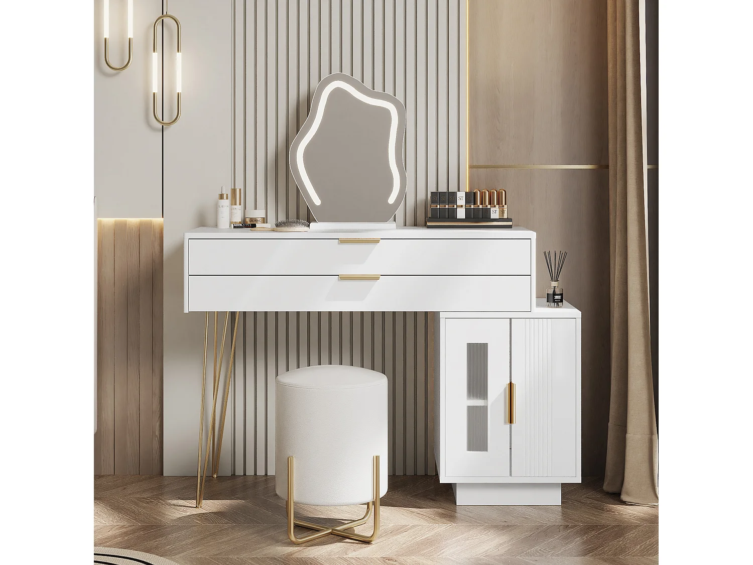 Coiffeuse avec miroir Leds - 100 x 40 x 78 cm - avec 2 tiroirs + 2 portes - sans tabouret - aggloméré - blanc