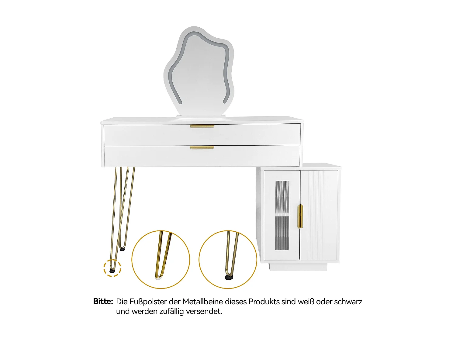 Coiffeuse avec miroir Leds - 100 x 40 x 78 cm - avec 2 tiroirs + 2 portes - sans tabouret - aggloméré - blanc