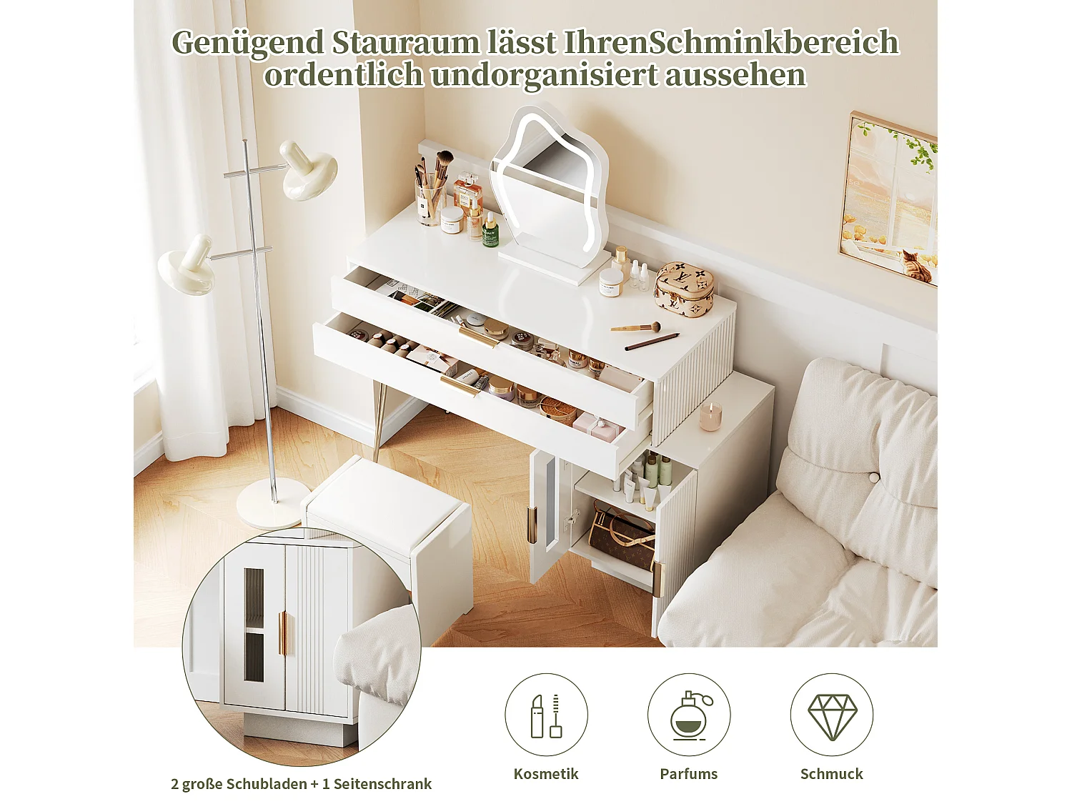 Coiffeuse avec miroir Leds - 100 x 40 x 78 cm - avec 2 tiroirs + 2 portes - sans tabouret - aggloméré - blanc