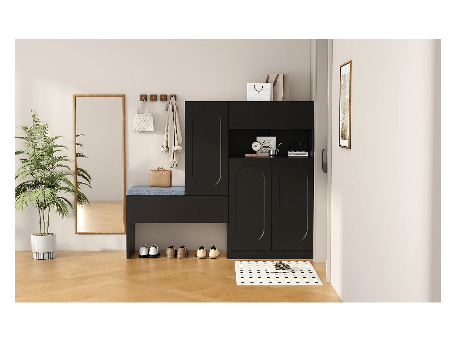 Schoenenkast 2-in-1 - 130 x 35 x 110 cm - met 3 deuren + gestoffeerde bank - spaanplaat - zwart