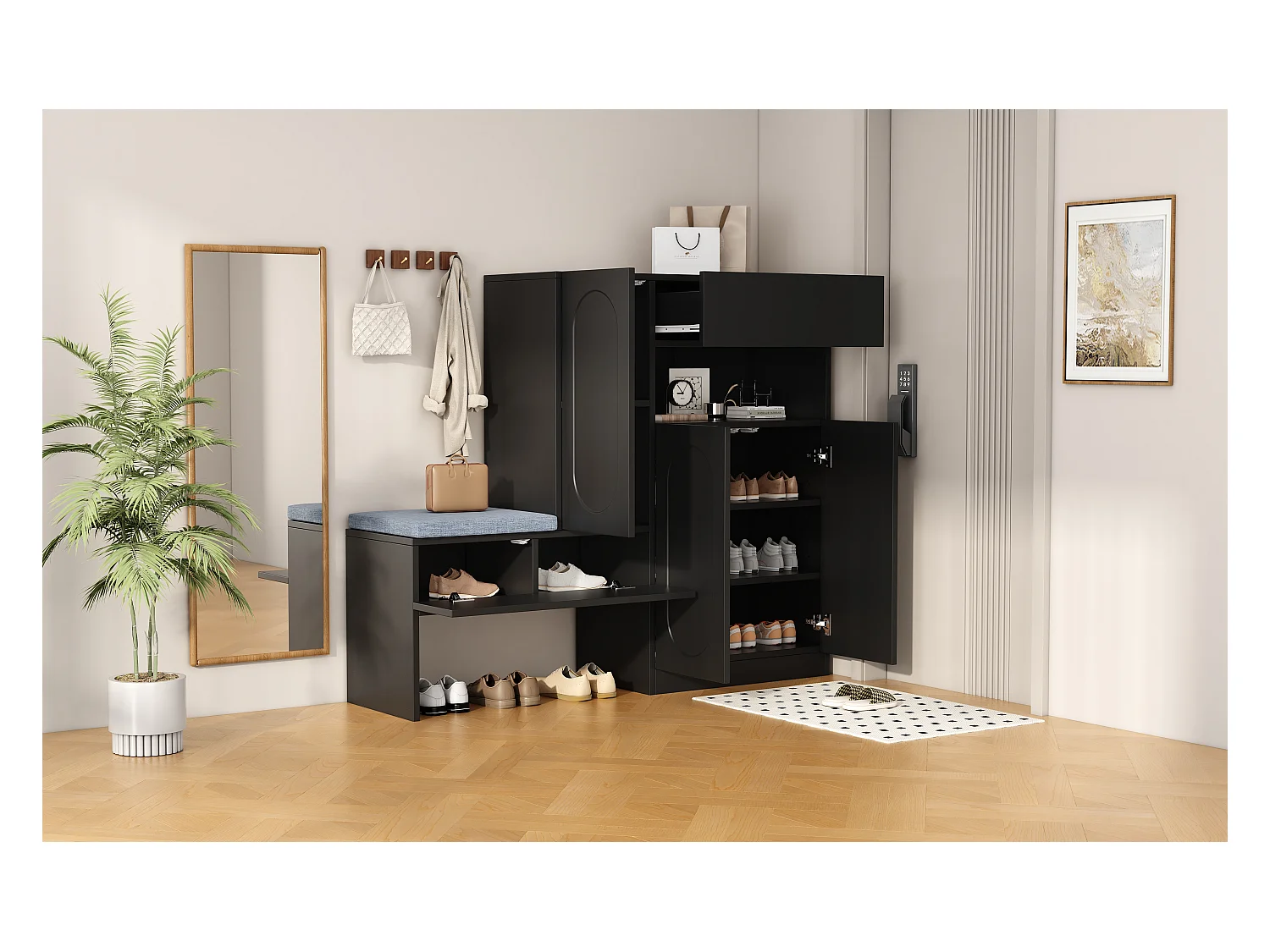 Schoenenkast 2-in-1 - 130 x 35 x 110 cm - met 3 deuren + gestoffeerde bank - spaanplaat - zwart