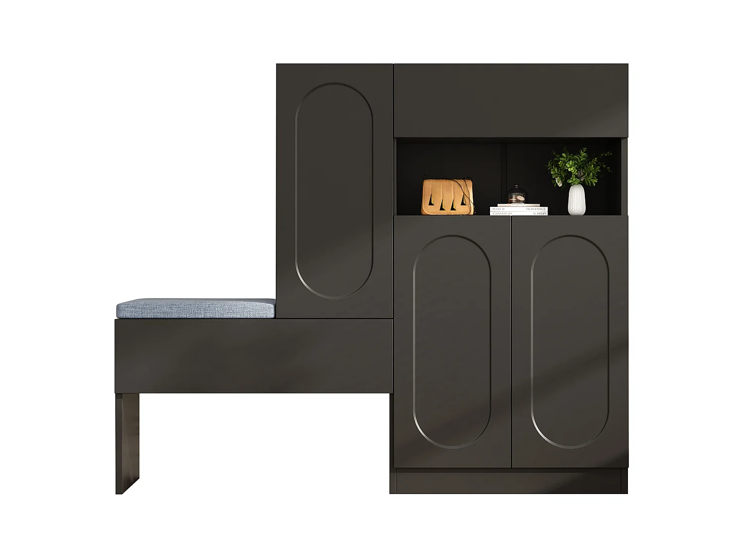 Schoenenkast 2-in-1 - 130 x 35 x 110 cm - met 3 deuren + gestoffeerde bank - spaanplaat - zwart