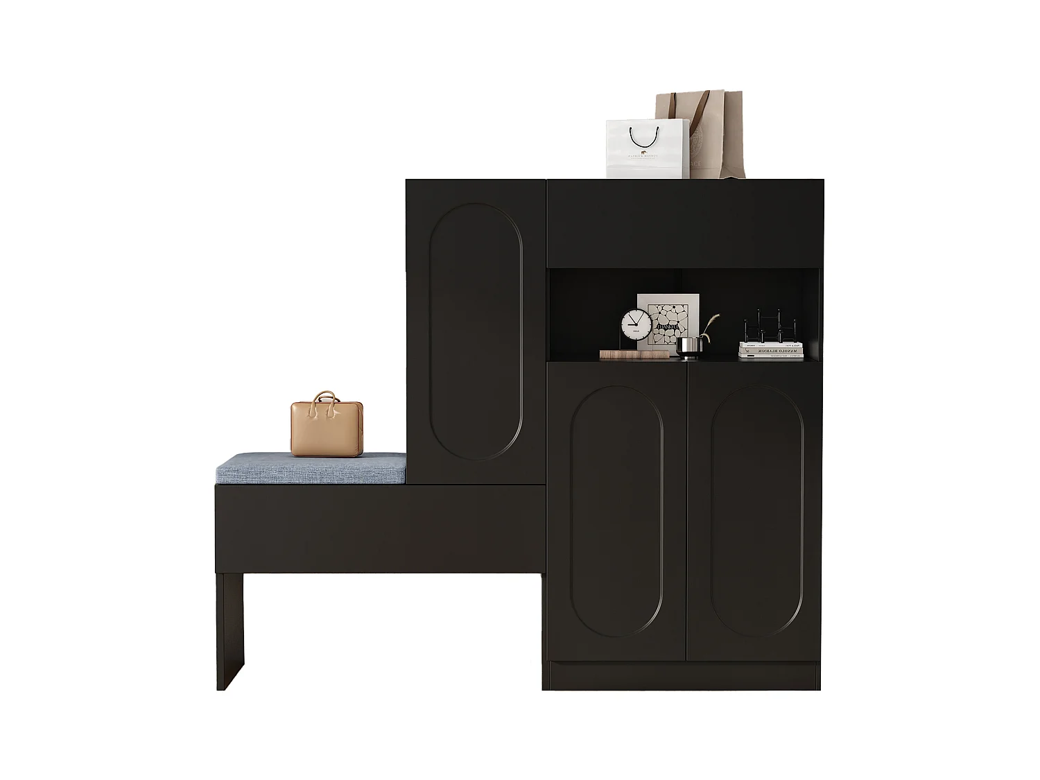 Schoenenkast 2-in-1 - 130 x 35 x 110 cm - met 3 deuren + gestoffeerde bank - spaanplaat - zwart