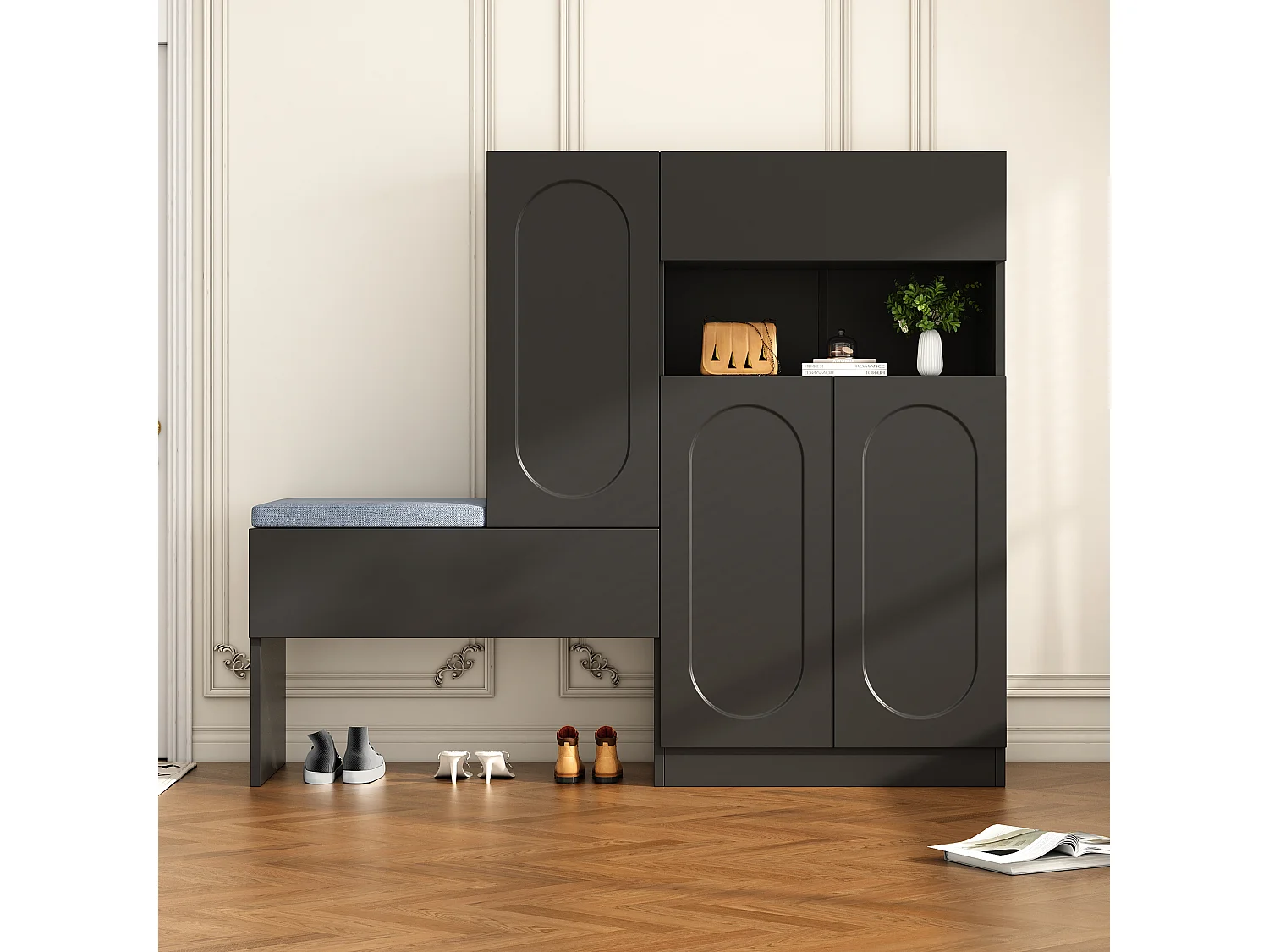 Scarpiera 2 in 1 - 130 x 35 x 110 cm - con 3 ante + panca imbottita - truciolato - nero