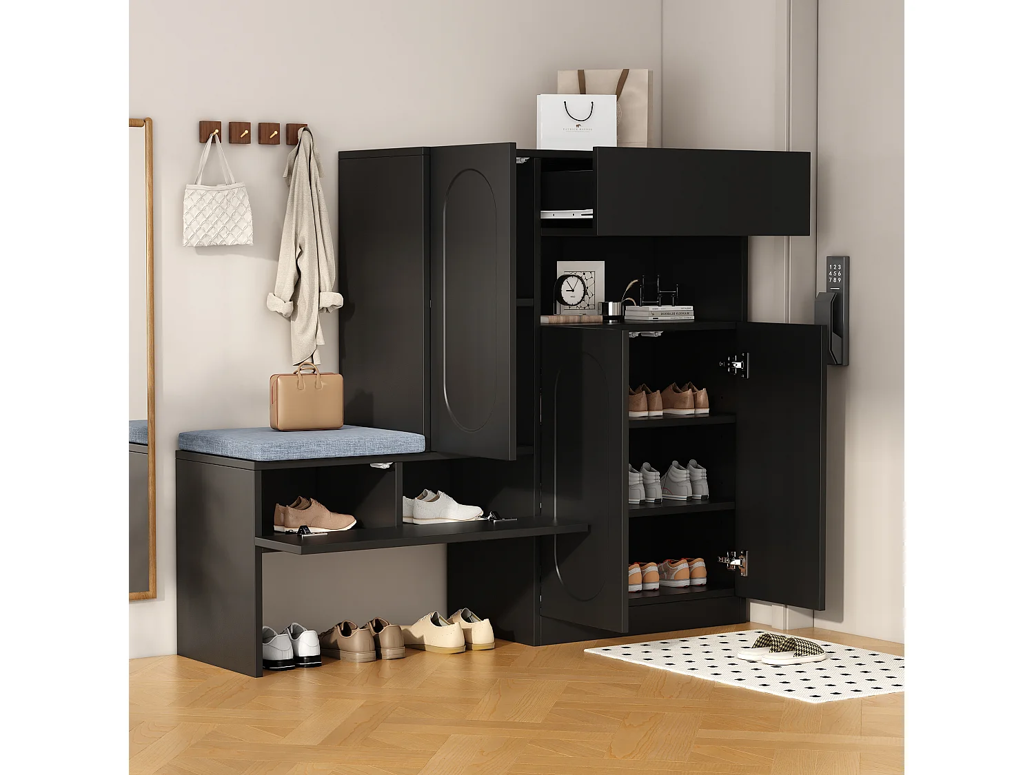 Scarpiera 2 in 1 - 130 x 35 x 110 cm - con 3 ante + panca imbottita - truciolato - nero