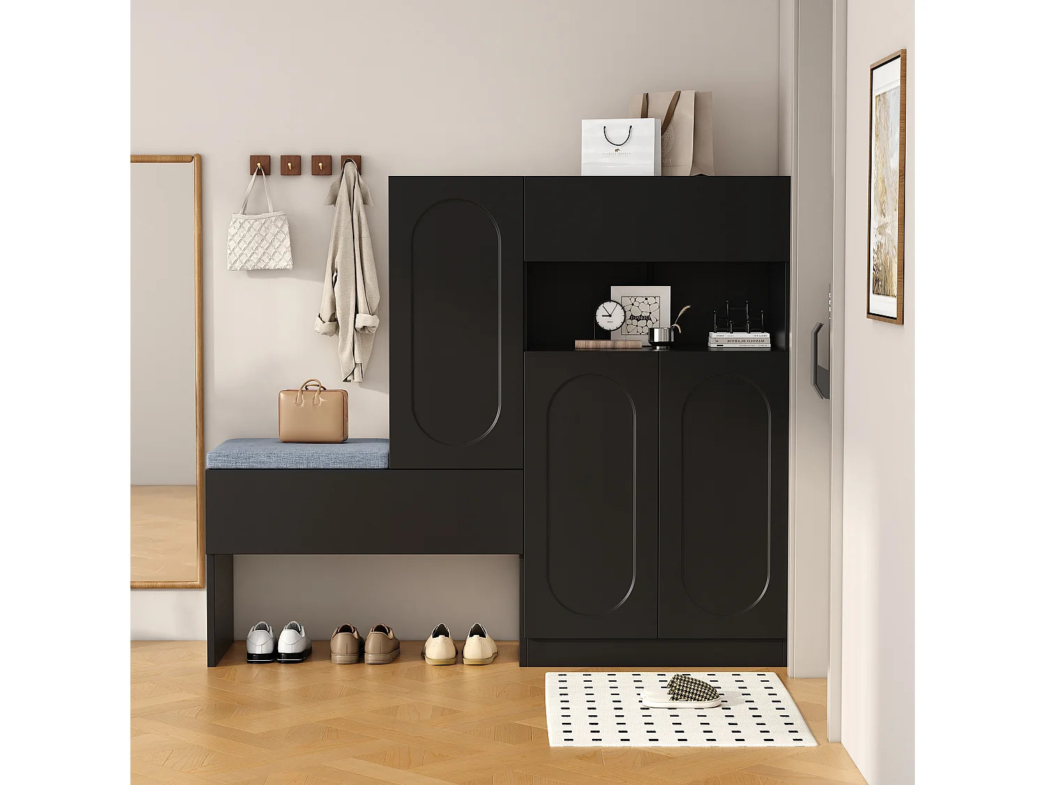 Scarpiera 2 in 1 - 130 x 35 x 110 cm - con 3 ante + panca imbottita - truciolato - nero