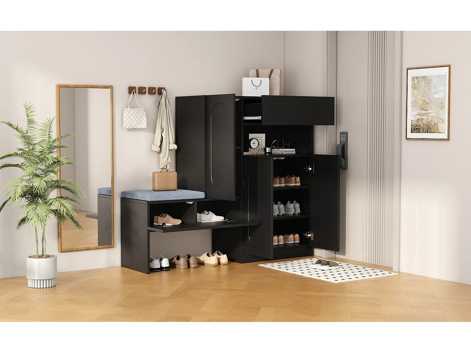 Scarpiera 2 in 1 - 130 x 35 x 110 cm - con 3 ante + panca imbottita - truciolato - nero