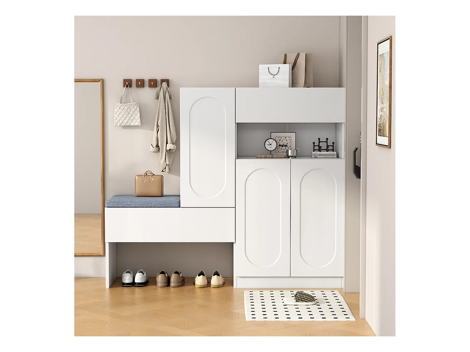 Zapatero 2 en 1 - 130 x 35 x 110 cm - con 3 puertas + banco acolchado - aglomerado - blanco