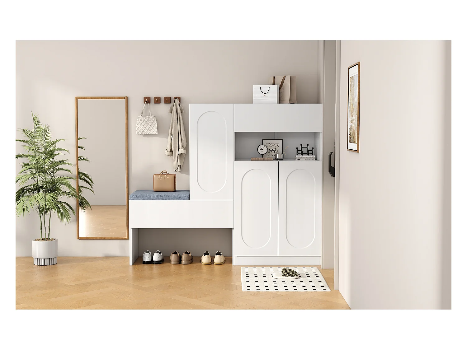 Zapatero 2 en 1 - 130 x 35 x 110 cm - con 3 puertas + banco acolchado - aglomerado - blanco