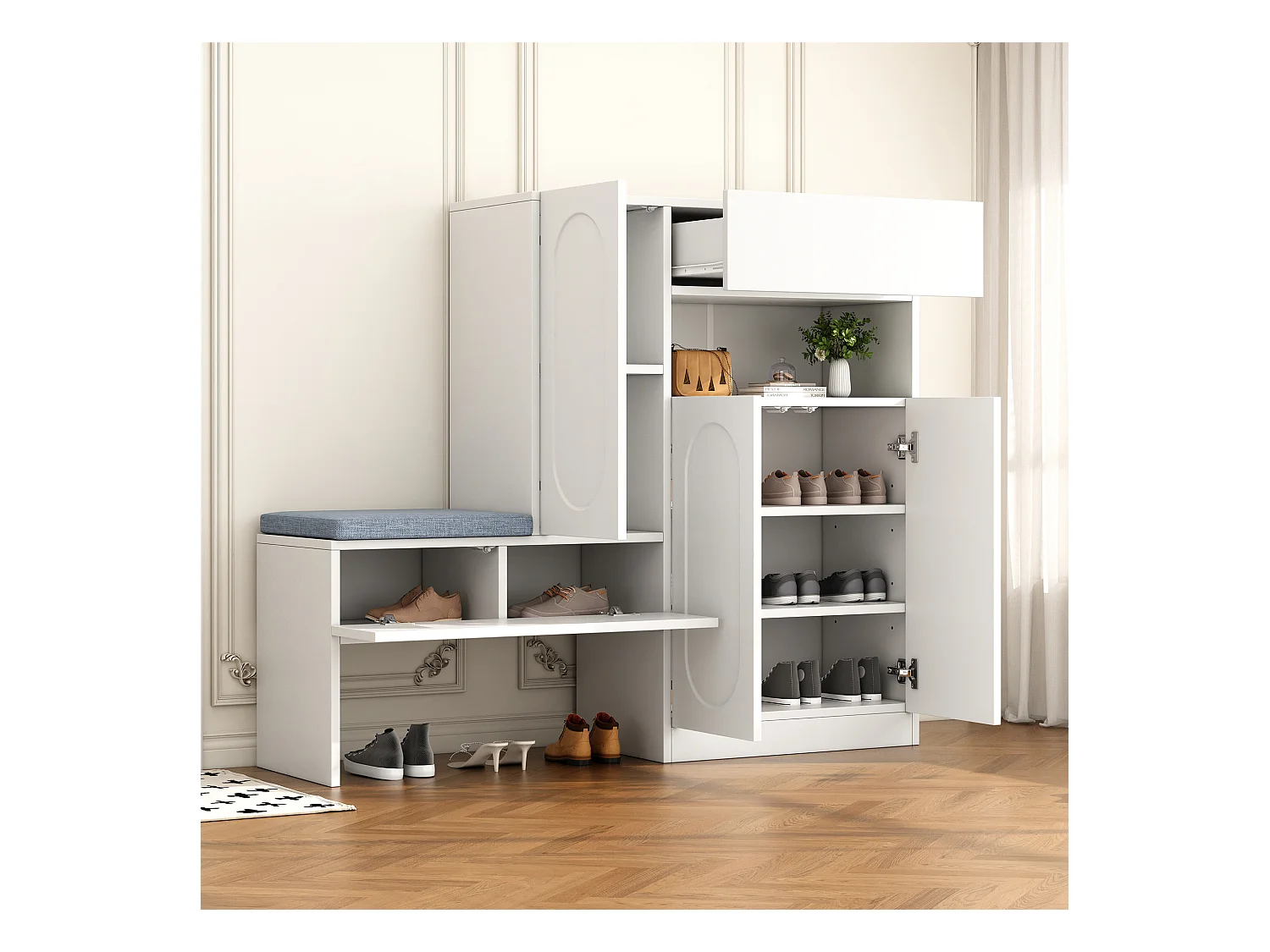 2-in-1 Schuhschrank - 130 x 35 x 110 cm - mit 3 Türen + gepolsterter Sitzbank - Spanplatte - weiß