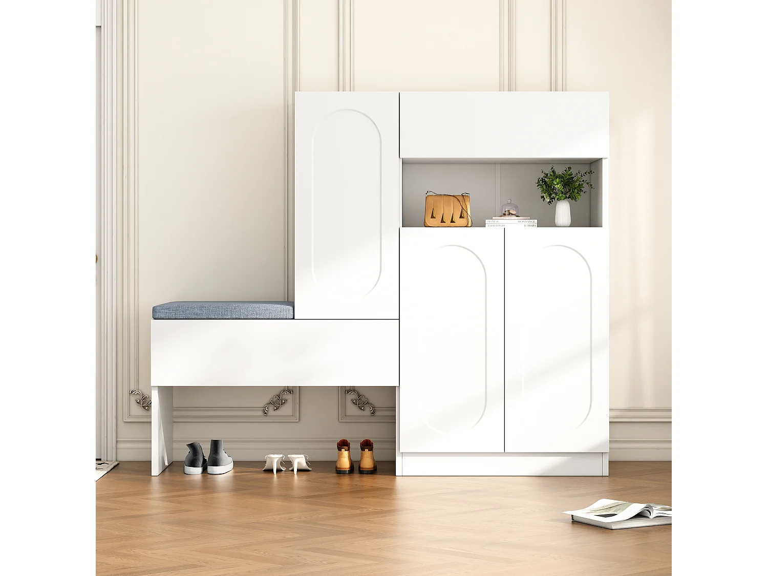 Sapateira 2 em 1 - 130 x 35 x 110 cm - com 3 portas + banco acolchoado - aglomerado - branco