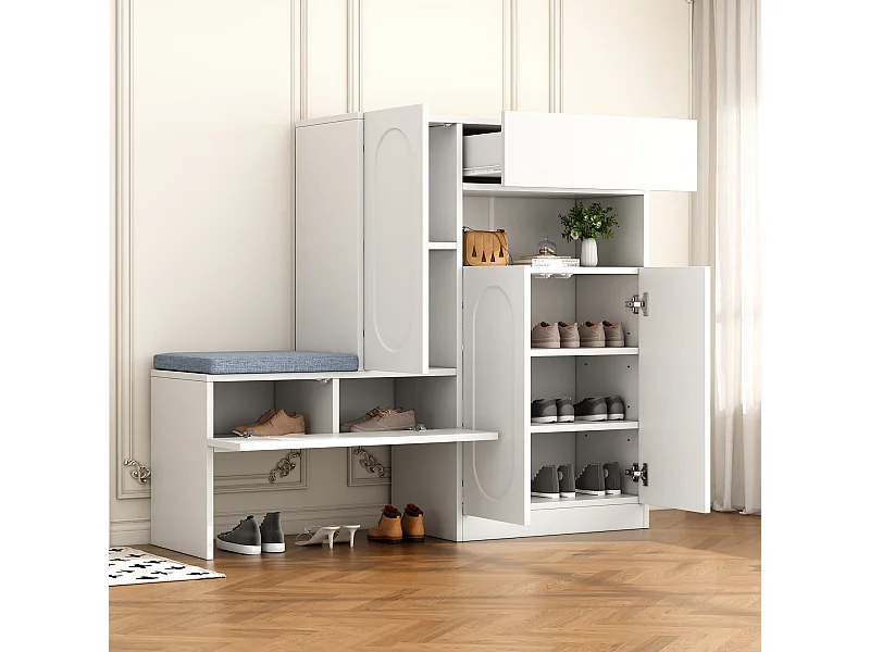Sapateira 2 em 1 - 130 x 35 x 110 cm - com 3 portas + banco acolchoado - aglomerado - branco