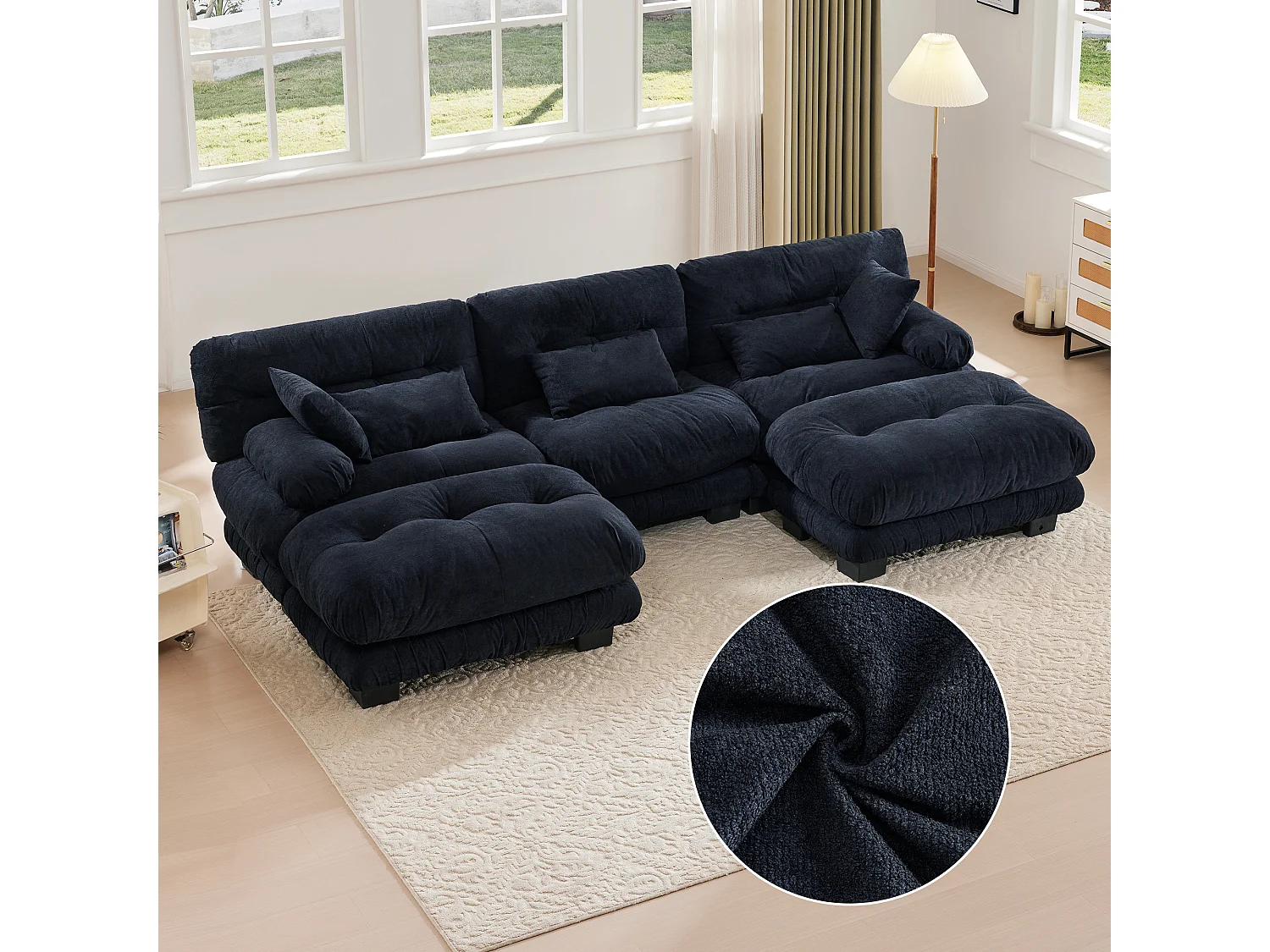 Comfortabele 5-zits modulaire bank - 300 x 143 x 80 cm - met 5 kussens - fluweel - zwart