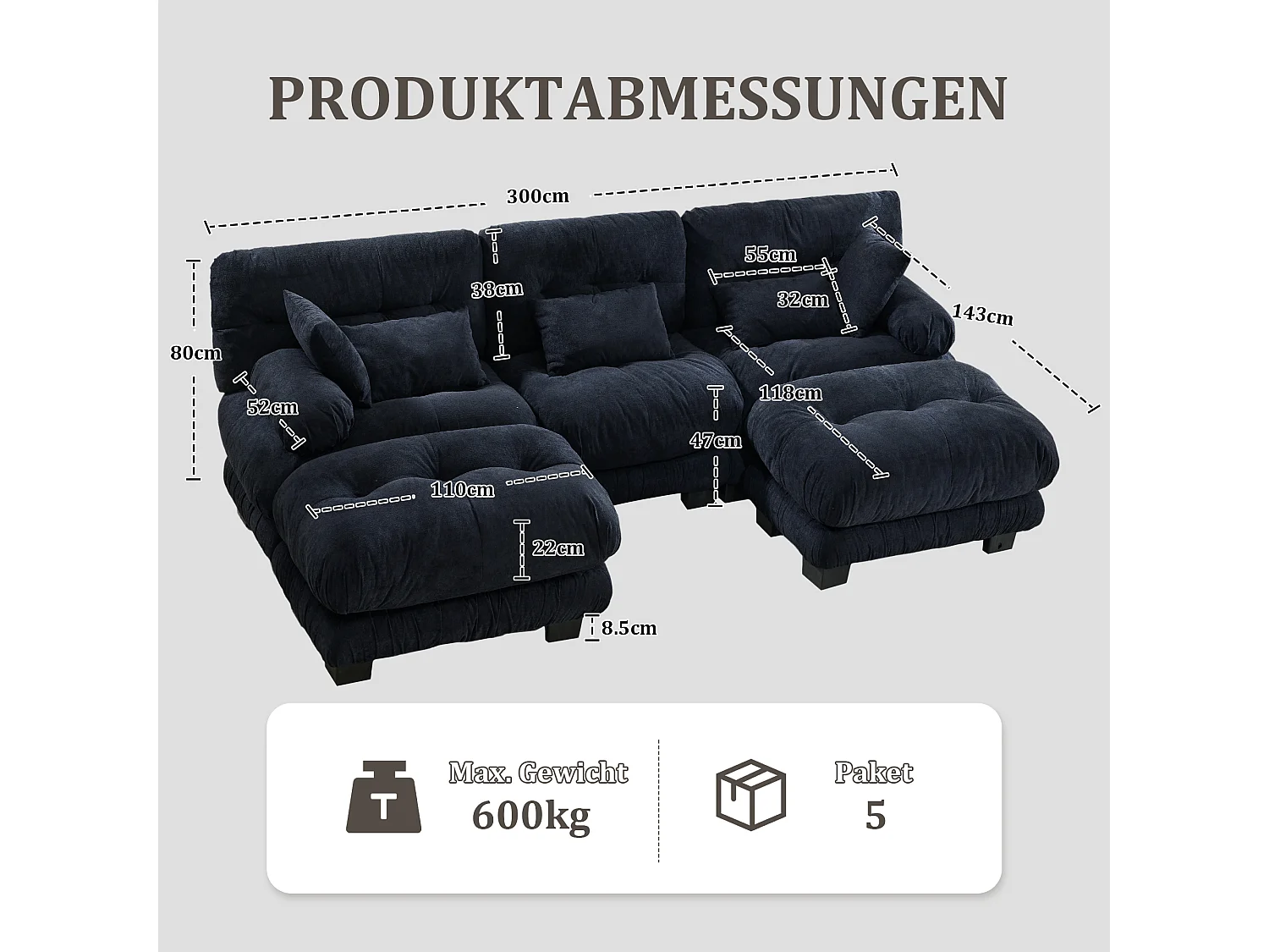 Comfortabele 5-zits modulaire bank - 300 x 143 x 80 cm - met 5 kussens - fluweel - zwart