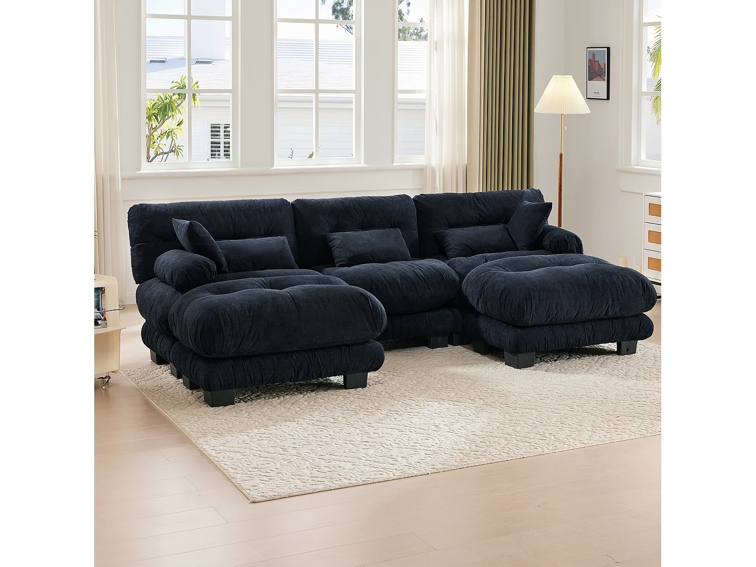 Comfortabele 5-zits modulaire bank - 300 x 143 x 80 cm - met 5 kussens - fluweel - zwart