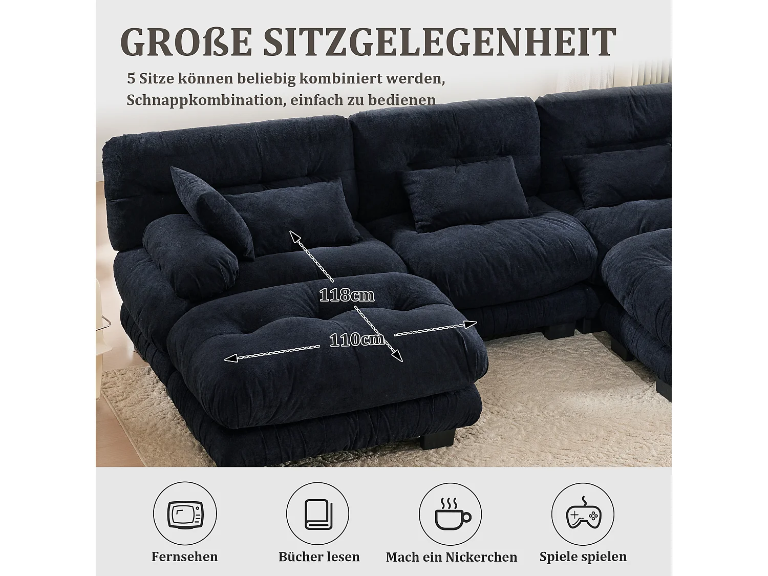 Comfortabele 5-zits modulaire bank - 300 x 143 x 80 cm - met 5 kussens - fluweel - zwart