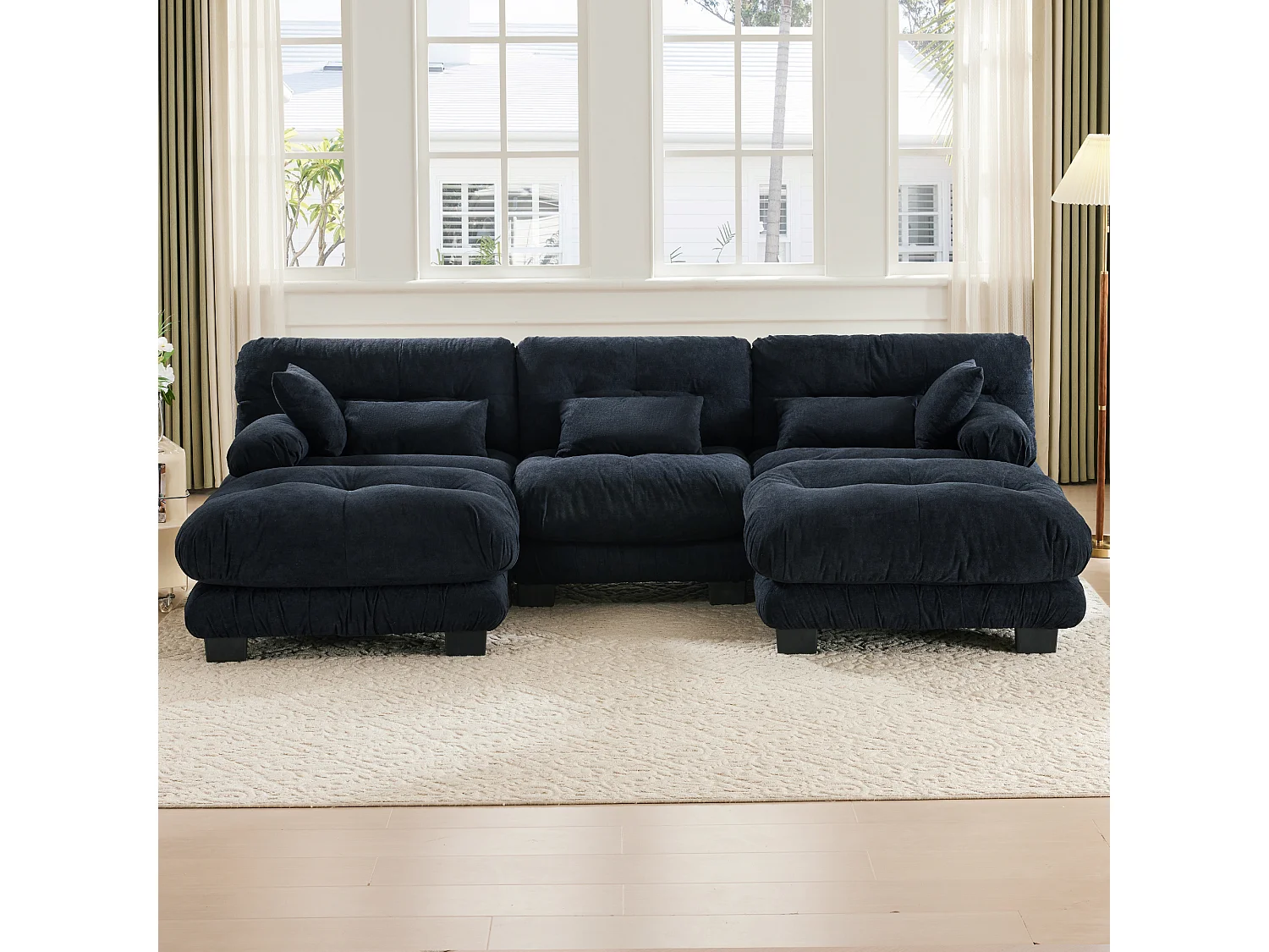 Comfortabele 5-zits modulaire bank - 300 x 143 x 80 cm - met 5 kussens - fluweel - zwart