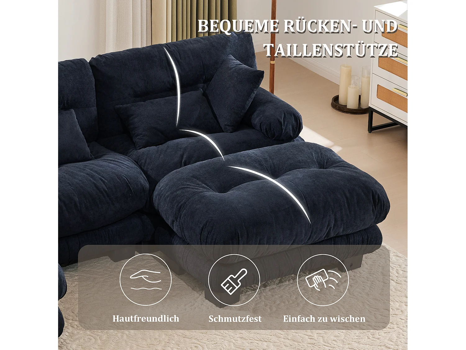 Comfortabele 5-zits modulaire bank - 300 x 143 x 80 cm - met 5 kussens - fluweel - zwart