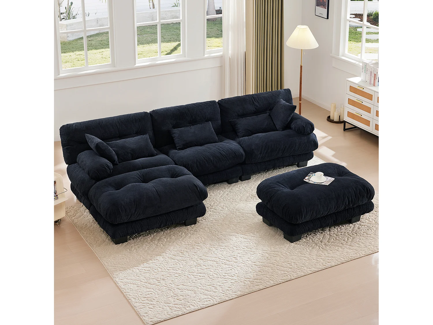 Comfortabele 5-zits modulaire bank - 300 x 143 x 80 cm - met 5 kussens - fluweel - zwart