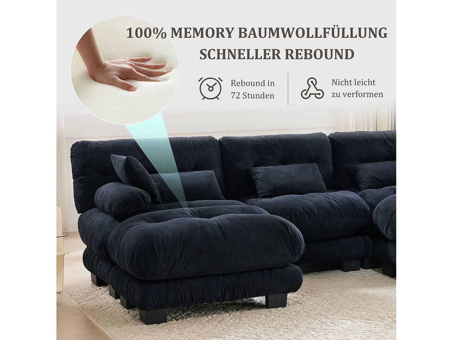 Comfortabele 5-zits modulaire bank - 300 x 143 x 80 cm - met 5 kussens - fluweel - zwart