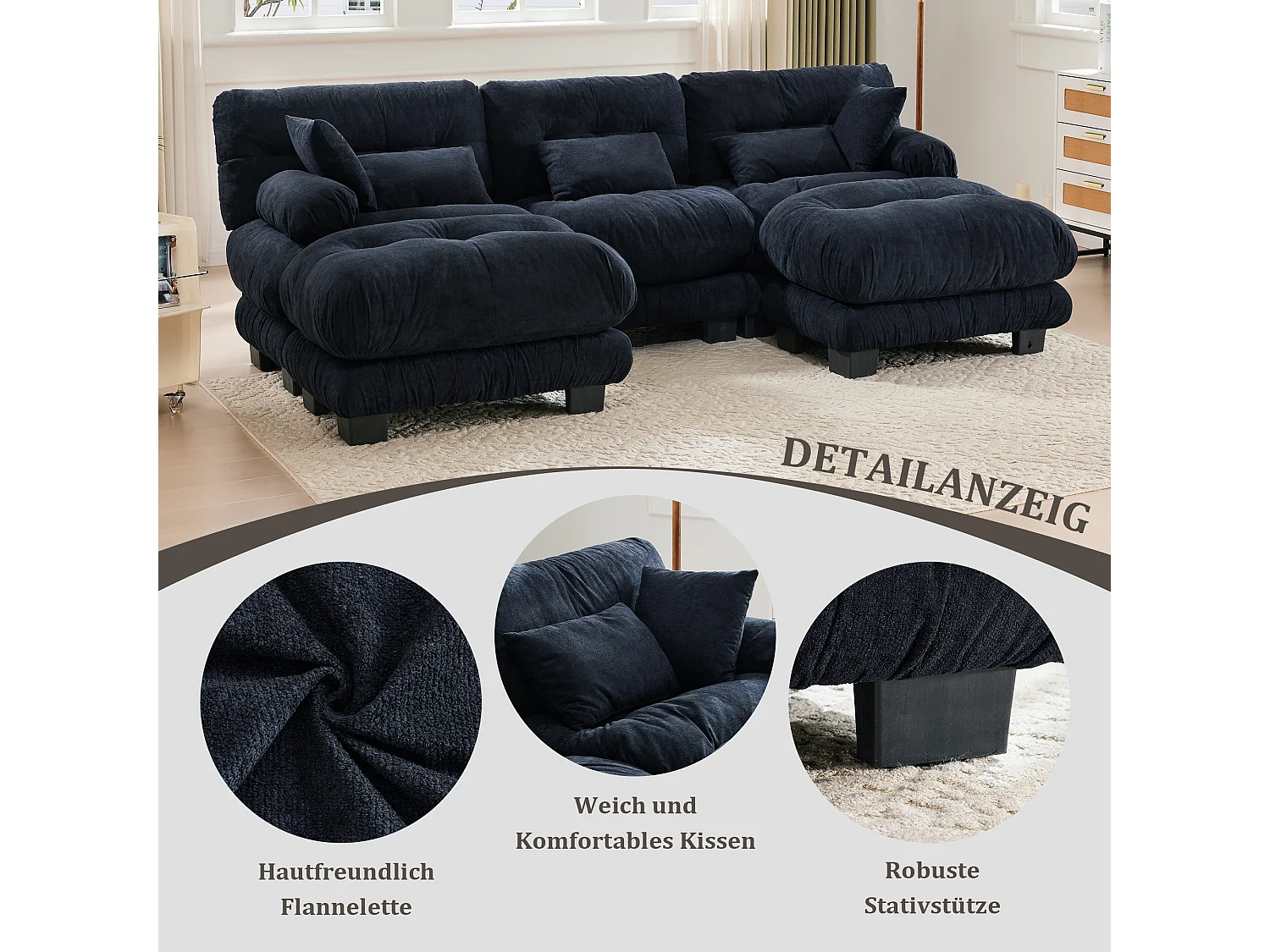 Comfortabele 5-zits modulaire bank - 300 x 143 x 80 cm - met 5 kussens - fluweel - zwart