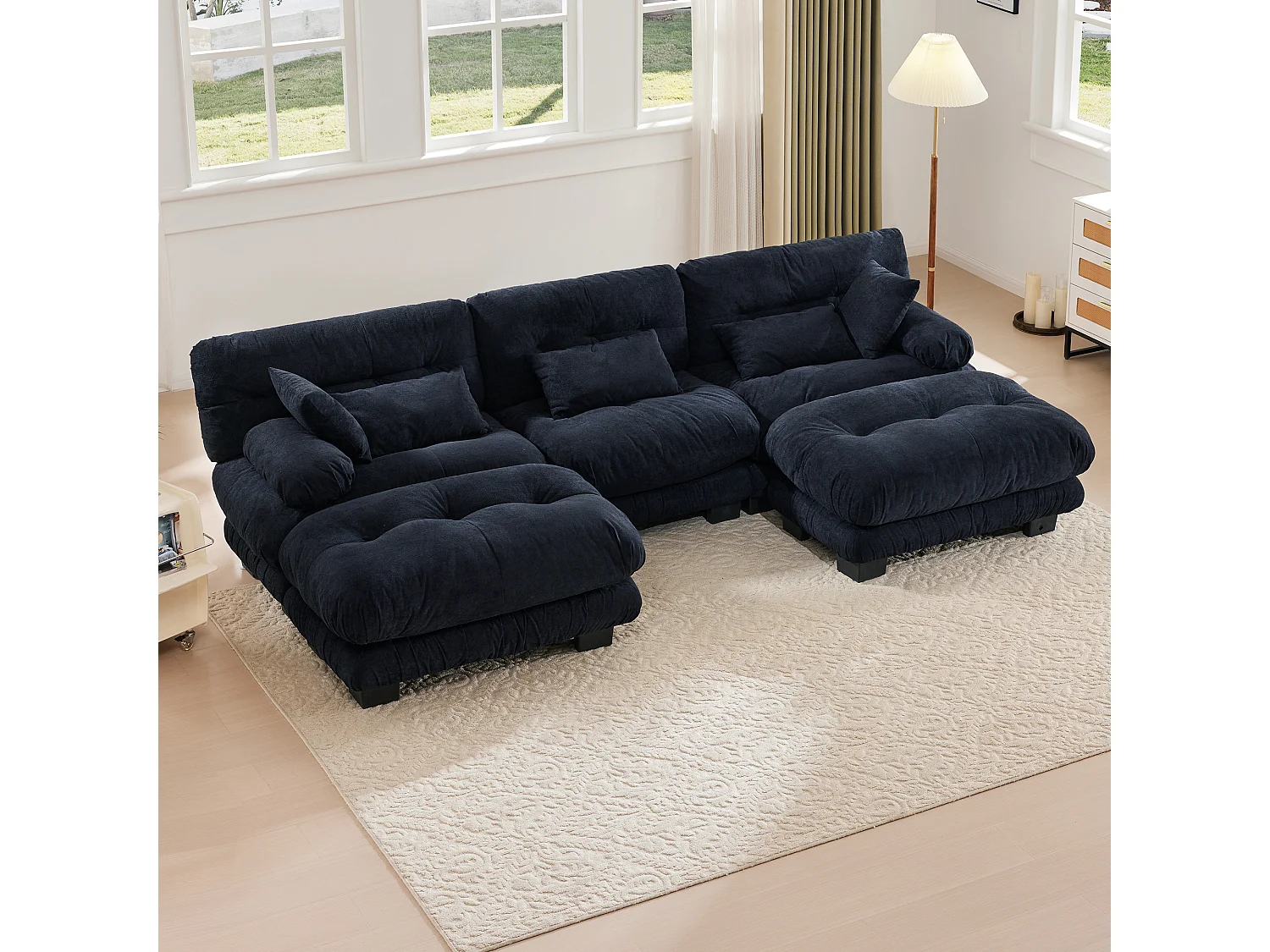 Comfortabele 5-zits modulaire bank - 300 x 143 x 80 cm - met 5 kussens - fluweel - zwart