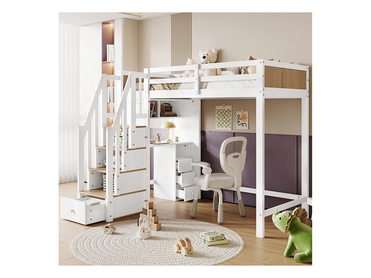 Letto a castello per bambini con finestra, ringhiera di sicurezza, scaletta a 4 gradini, ripiani aperti, MDF + legno massello, bianco + naturale (205x153,5x166 cm)