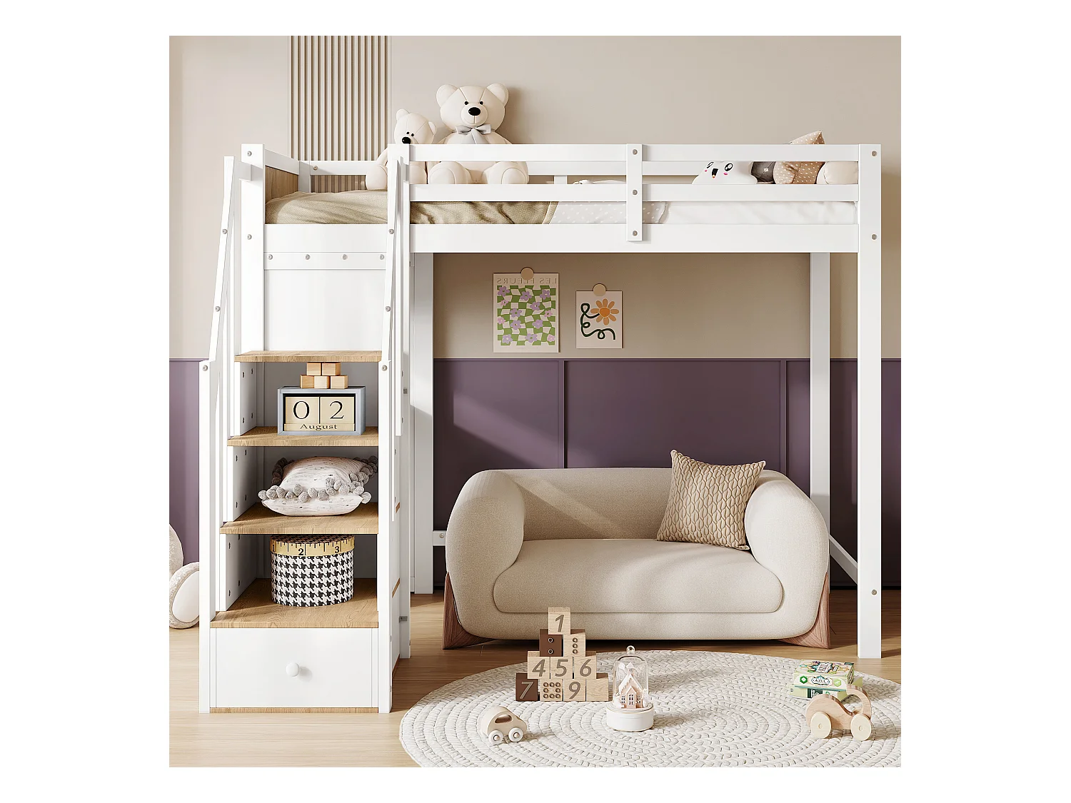 Letto a castello per bambini con finestra, ringhiera di sicurezza, scaletta a 4 gradini, ripiani aperti, MDF + legno massello, bianco + naturale (205x153,5x166 cm)