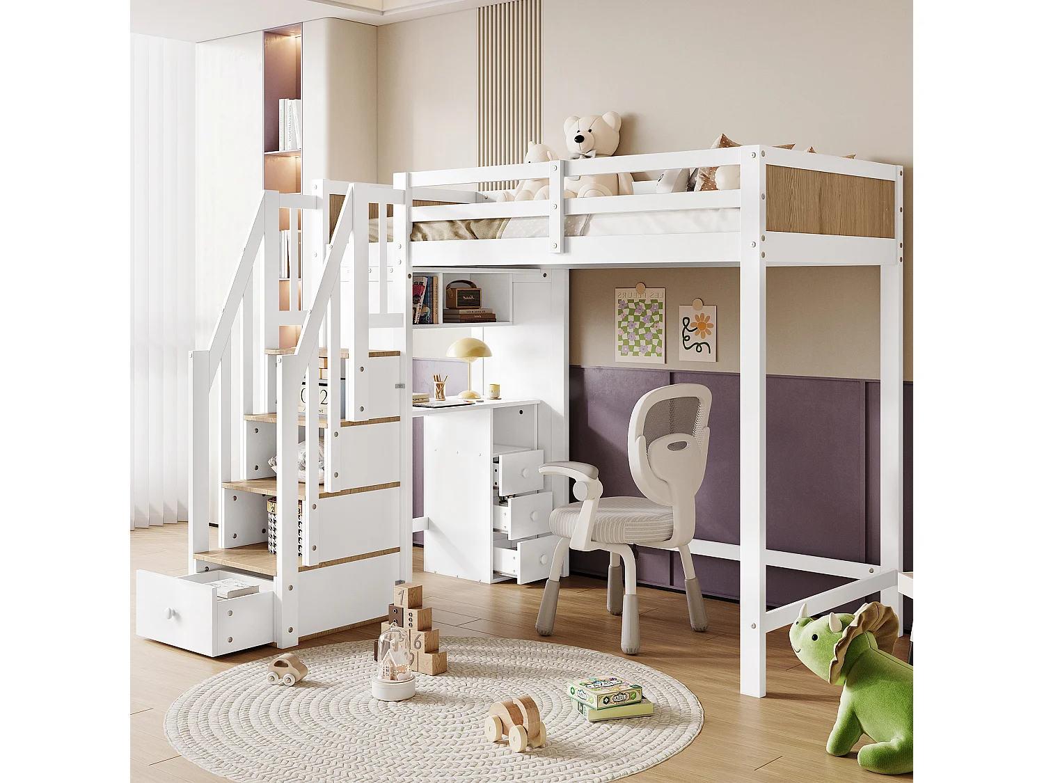 Lit superposé pour enfants avec fenêtre, balustrade de sécurité, échelle à 4 marches, étagères ouvertes, MDF + bois massif, blanc + naturel (205x153.5x166 cm)