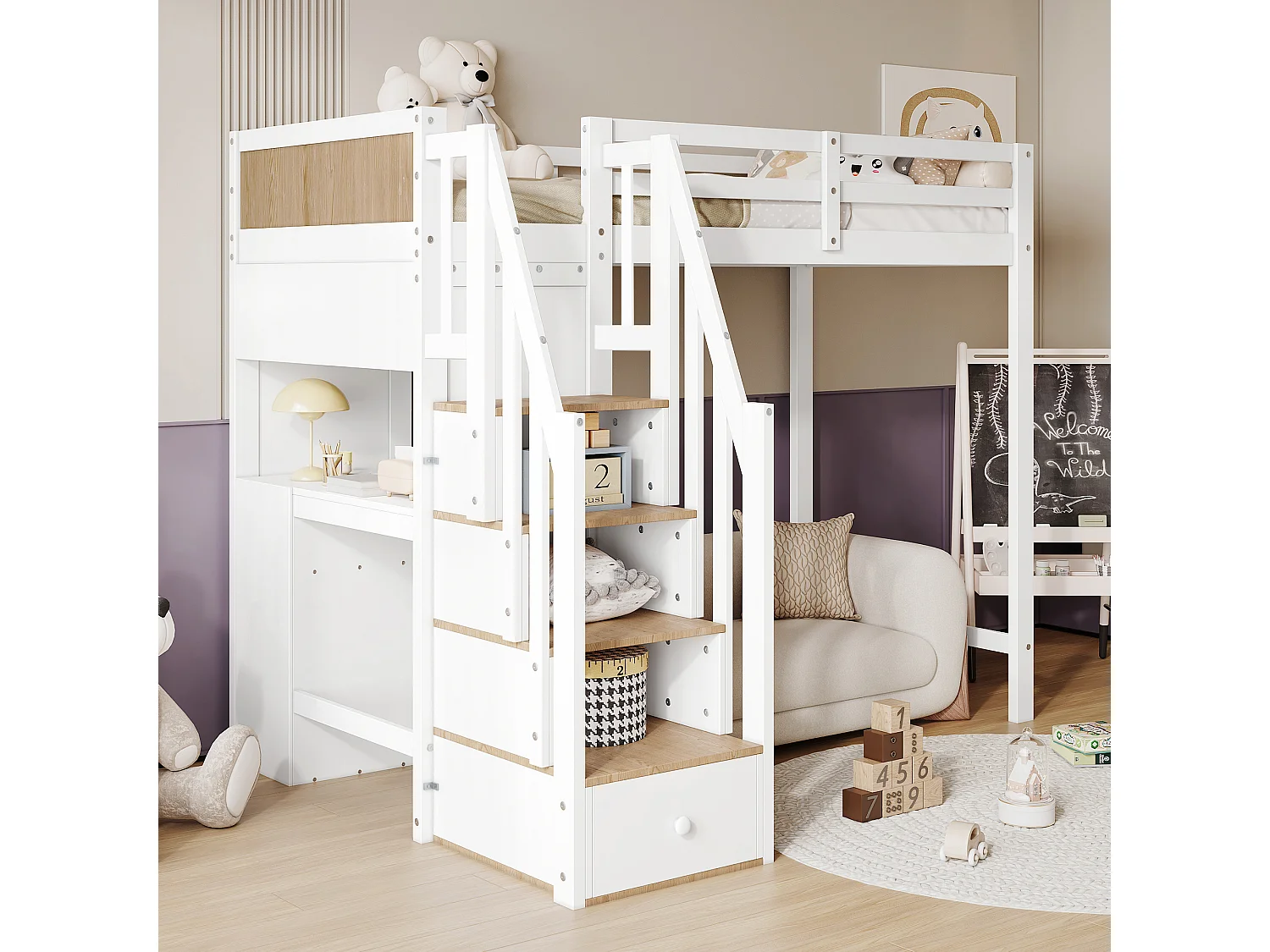 Lit superposé pour enfants avec fenêtre, balustrade de sécurité, échelle à 4 marches, étagères ouvertes, MDF + bois massif, blanc + naturel (205x153.5x166 cm)