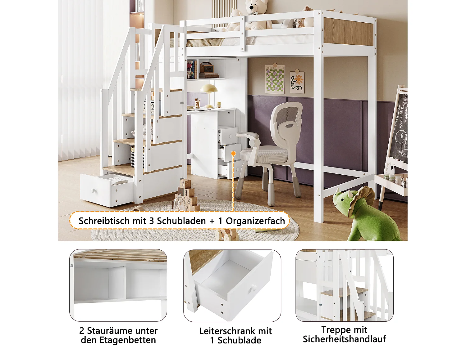 Lit superposé pour enfants avec fenêtre, balustrade de sécurité, échelle à 4 marches, étagères ouvertes, MDF + bois massif, blanc + naturel (205x153.5x166 cm)