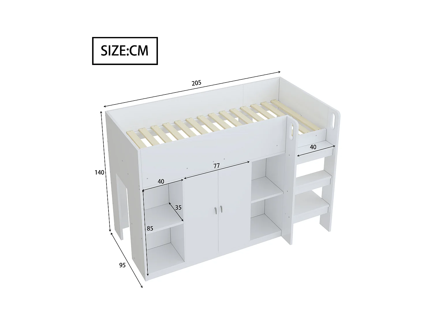 Lit superposé multifonctionnel en bois massif 90x200 cm avec échelle, rangement, placard et étagères, Blanc (205x95x140 cm)