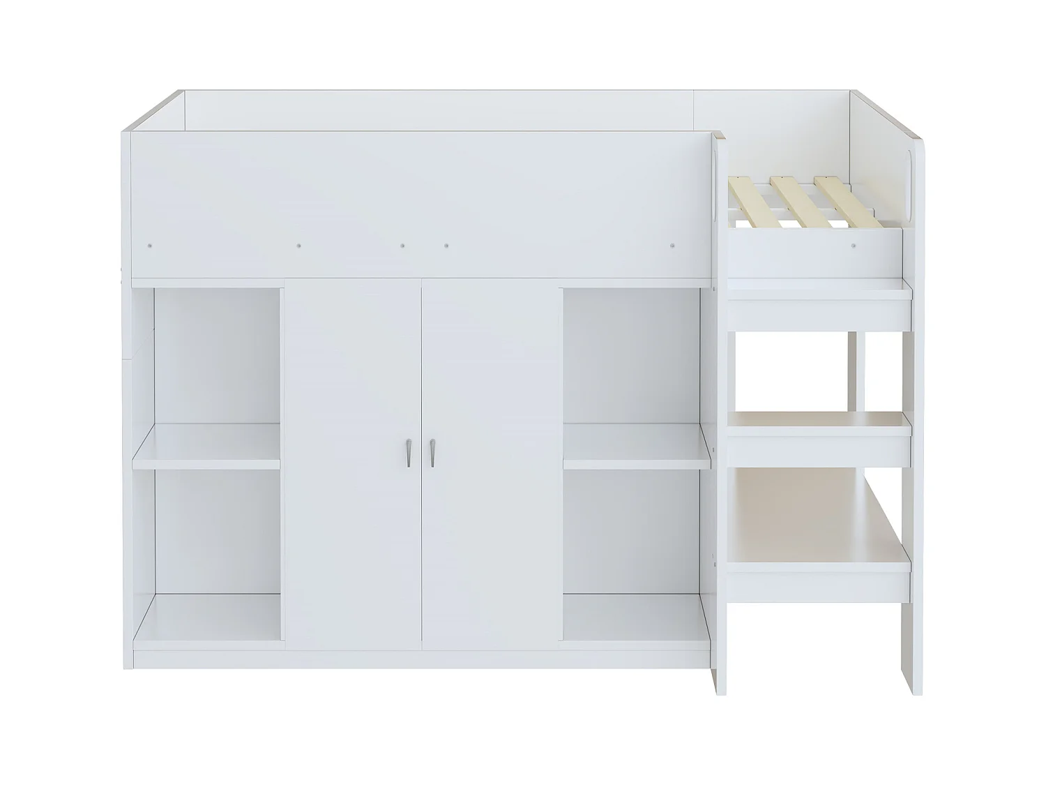 Lit superposé multifonctionnel en bois massif 90x200 cm avec échelle, rangement, placard et étagères, Blanc (205x95x140 cm)