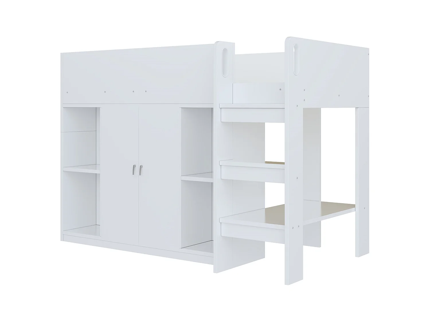 Lit superposé multifonctionnel en bois massif 90x200 cm avec échelle, rangement, placard et étagères, Blanc (205x95x140 cm)