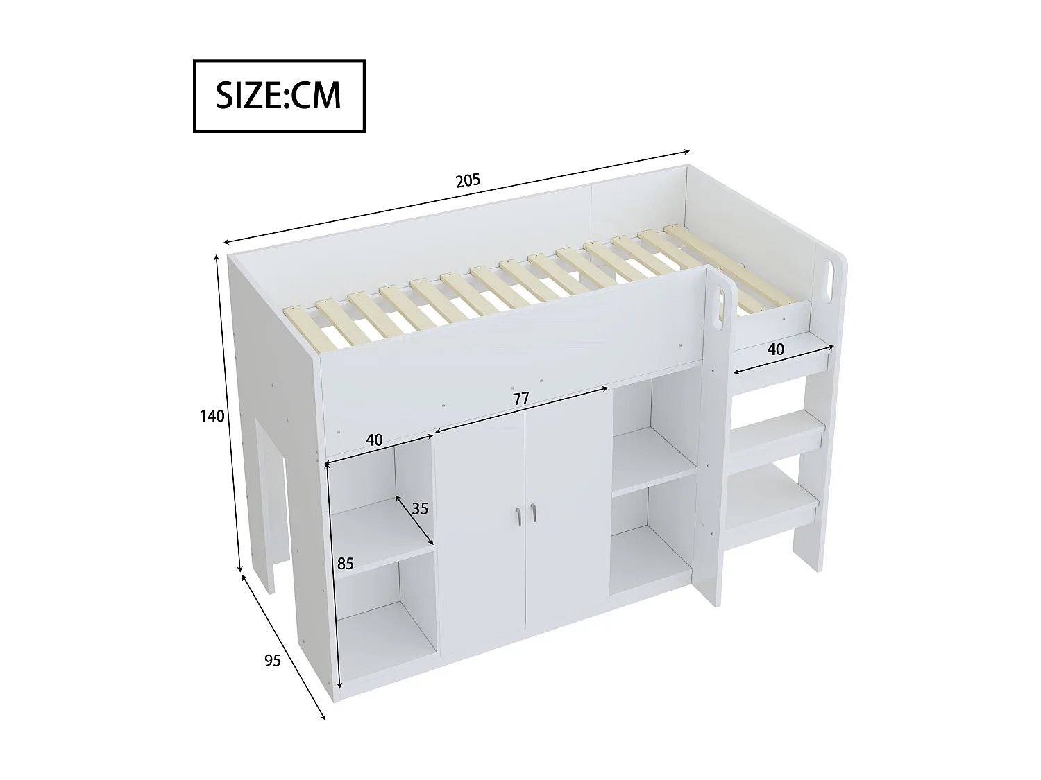 Lit superposé multifonctionnel en bois massif 90x200 cm avec échelle, rangement, placard et étagères, Blanc (205x95x140 cm)