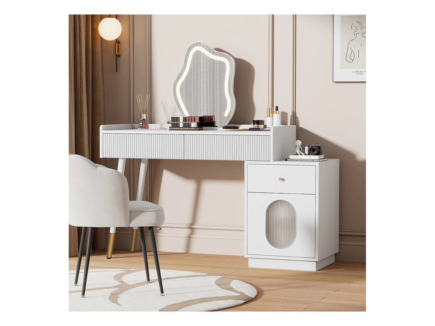 Toaletka z lustrem LED - 100 x 40 x 75 cm - z 3 szufladami + 1 drzwiami - bez hokera - płyta wiórowa - biała