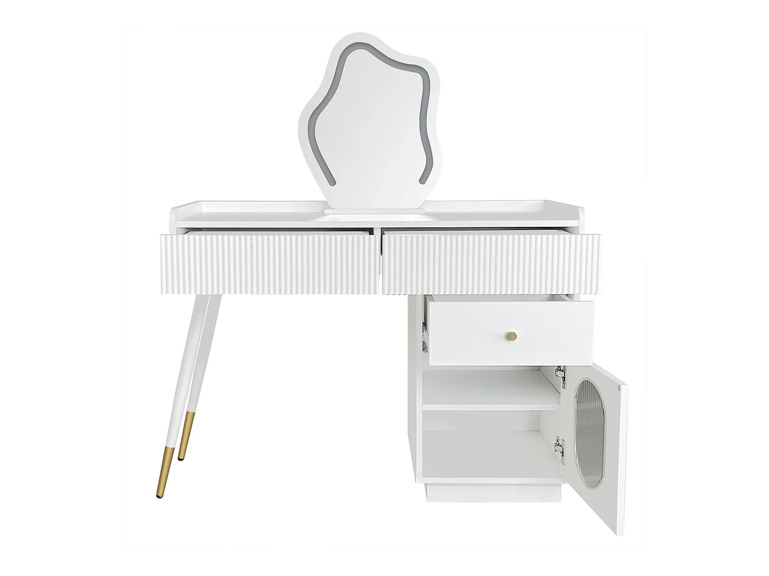 Toaletka z lustrem LED - 100 x 40 x 75 cm - z 3 szufladami + 1 drzwiami - bez hokera - płyta wiórowa - biała